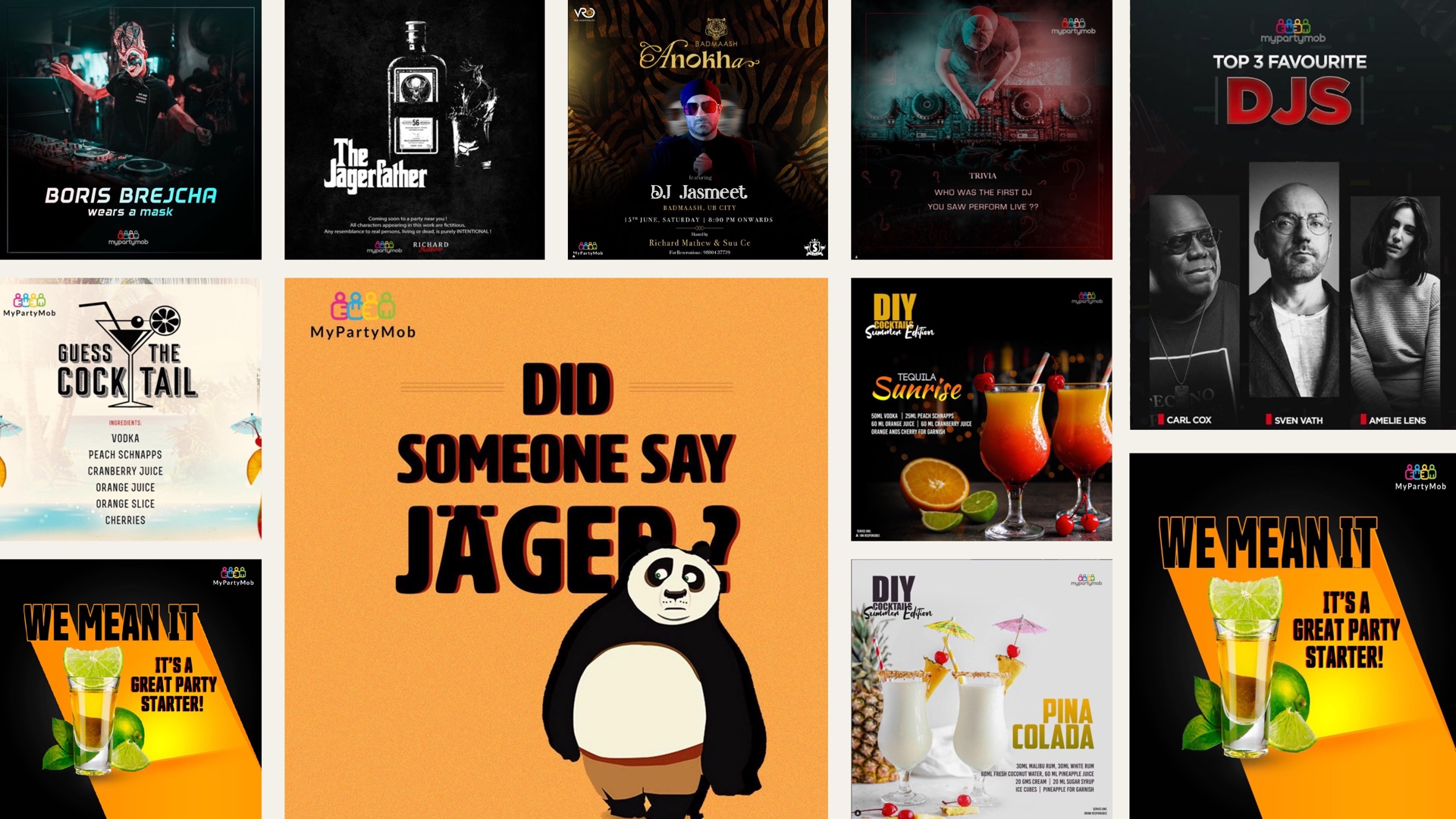 My Party Mob nightlife campaign and social media design collage